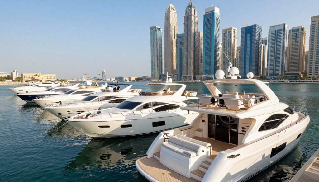 A bustling scene at Dubai Marina featuring an array of luxurious yachts available for charter. In the foreground, showcase a sleek, modern yacht with polished white exterior and spacious deck, equipped with elegant outdoor seating. In the middle ground, include a variety of yachts of different sizes and styles, highlighting their unique features such as sun decks, lounge areas, and glistening hulls. The background should reveal the iconic Dubai skyline, with tall skyscrapers under a bright blue sky, reflecting the vibrant energy of the marina. Soft sunlight casts gentle reflections on the water, enhancing the luxurious atmosphere. Use a wide-angle lens perspective to capture the full beauty of this opulent setting, conveying a feeling of adventure and sophistication.
