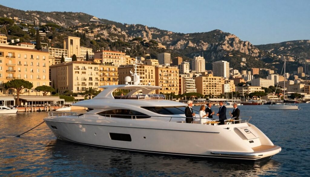 A luxurious Monaco yacht charter scene during the golden hour. In the foreground, a stunning, sleek yacht is moored gracefully, its polished hull reflecting the shimmering water. Onboard, several well-dressed individuals in professional attire enjoy champagne and canapés, embodying elegance and sophistication. In the middle ground, the vibrant coastline of Monaco is visible, with pastel-colored buildings and lush greenery under a clear blue sky. The sun casts a warm, golden glow, enhancing the luxurious atmosphere. In the background, the majestic cliffs and distant mountains create a breathtaking backdrop, while sailboats drift lazily in the marina. The overall mood conveys exclusivity, relaxation, and the opulence of yacht chartering in Monaco.