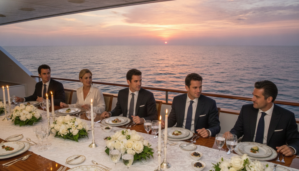A luxurious dining experience aboard a grand yacht, elegantly set for an upscale meal. In the foreground, a beautifully arranged table featuring fine china, crystal glassware, and sophisticated silverware, adorned with fresh flowers and candles. The middle ground showcases well-dressed guests in professional business attire or modest casual clothing, engaged in conversation while savoring exquisite dishes. The background reveals a stunning ocean view at sunset, with gentle waves reflecting the warm hues of orange and pink in the sky. Soft, ambient lighting enhances the opulence of the setting, creating an inviting and sophisticated atmosphere, captured from a slightly elevated angle that showcases both the table setting and the breathtaking seascape.