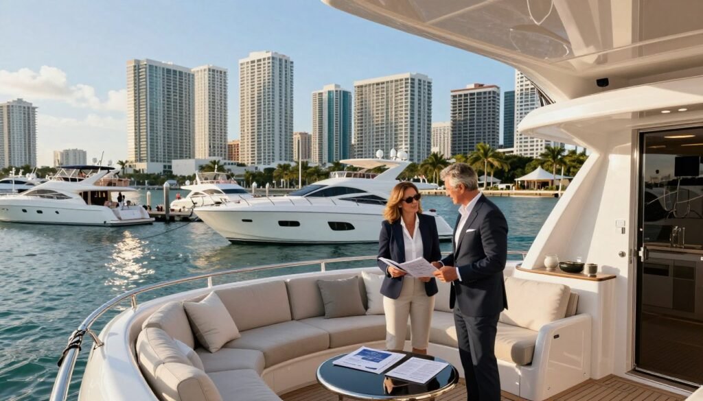A luxurious private yacht docked at a vibrant marina in Miami, showcasing its sleek design and spacious deck adorned with elegant furniture. In the foreground, a well-dressed couple in professional attire examines yacht brochures, engaging in thoughtful conversation about charter options. The middle ground features other yachts and boats, with some enjoying leisurely activities, reflecting a lively atmosphere. The background displays the iconic Miami skyline, with its modern architecture contrasting the clear blue sky and gentle waves. Soft, warm sunlight creates a welcoming ambiance, enhancing the sparkling water as it reflects the vibrant colors of the surroundings. Capture the essence of luxury and professionalism in yacht hire, conveying a mood of sophistication and excitement for potential charterers.