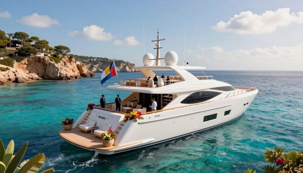 A luxurious superyacht anchored in the crystal-clear turquoise waters of Ibiza, with an elegant design featuring expansive decks and modern amenities. Foreground: a polished wooden deck with stylish loungers and planters filled with vibrant tropical flowers. Middle: the yacht adorned with flags fluttering gently in the breeze, with people in professional business attire enjoying drinks and mingling. Background: the stunning Ibiza coastline, dotted with rocky cliffs and lush greenery, under a bright blue sky with a few fluffy white clouds. Soft, warm sunlight bathes the scene, creating a serene and inviting atmosphere, ideal for a summer yacht charter. The angle is a dynamic aerial view, capturing the yacht in full glory amidst the picturesque Mediterranean seascape.