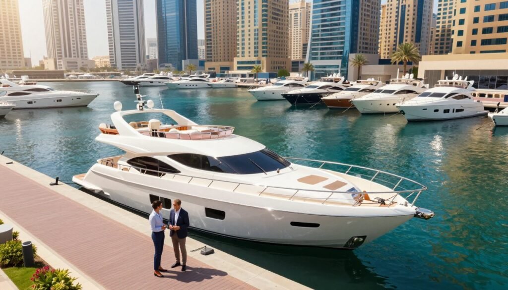 A luxurious yacht anchored at Dubai Marina, with sleek lines and a pristine white hull, gleaming under the bright sunlight. In the foreground, a well-dressed couple in professional business attire admires the yacht as they stand on the marina's elegant boardwalk. The middle ground showcases an array of lavish yachts and boats moored in the vibrant marina, reflecting the crystal-clear blue waters. In the background, the iconic skyline of Dubai with modern skyscrapers and palm trees adds to the opulence of the scene. Soft, warm lighting creates a welcoming atmosphere, while the image captures a high-angle view, taken from a drone's perspective, enhancing the grandeur of the setting and the sense of adventure associated with yacht hiring in Dubai Marina.