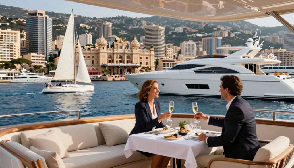 A luxurious yacht anchored in Monte Carlo's azure waters, showcasing a sleek, modern design with elegant lines. In the foreground, a polished wooden deck with sun loungers invites relaxation, while a stylishly set table with fine dining arrangements reflects opulence. A couple in professional business attire enjoys the view, smiling and toasting with champagne glasses, embodying the luxury yacht experience. In the middle ground, other yachts of various types—sailboats with billowing white sails, motor yachts with sleek hulls—can be seen bobbing in the water. The vibrant backdrop of the iconic Monte Carlo skyline, including the famous Casino and terraced coastal cliffs, is bathed in soft, golden sunlight, creating a warm and inviting atmosphere. The scene captures the essence of exclusive yacht charters in Monaco.