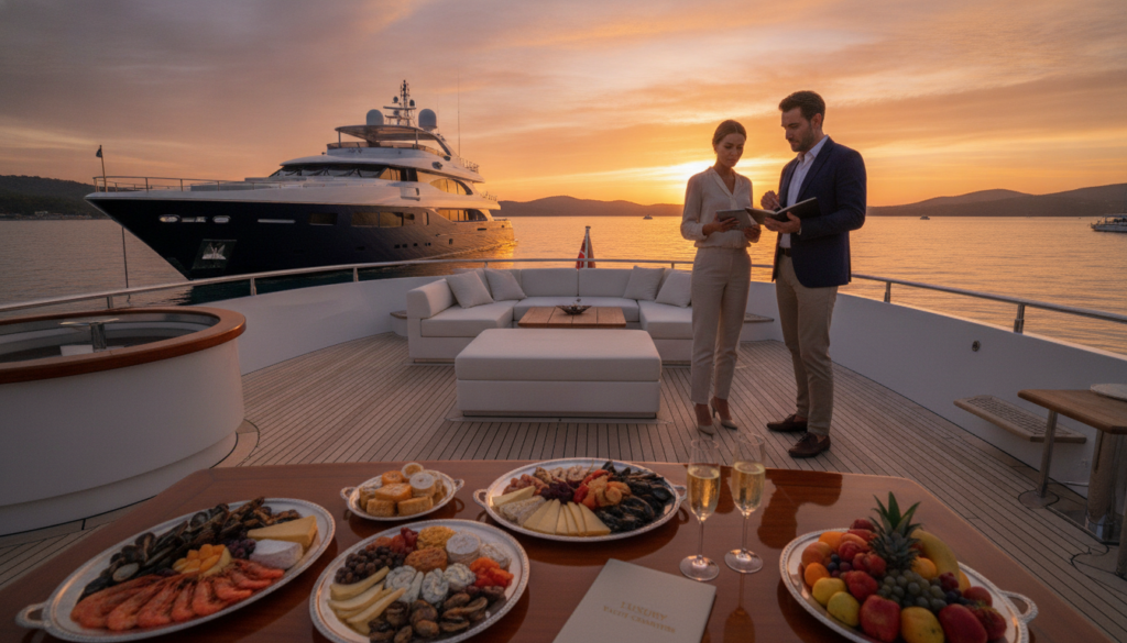 A luxurious yacht anchored in a serene harbor, showcasing its glossy hull and spacious deck. In the foreground, a stylish table is set with platters of gourmet food and glasses of fine champagne, symbolizing the lavish services offered during a charter. The middle ground features a well-dressed couple discussing yacht charter costs, one holding a notepad. They are dressed in professional attire, exuding elegance and sophistication. The background reveals a stunning sunset sky reflecting vibrant oranges and purples over calm waters, creating a tranquil and upscale atmosphere. The scene is illuminated with warm, golden lighting that enhances the luxurious mood. The composition is wide-angle, capturing both the yacht's grandeur and the enchanting seascape, inviting viewers to explore the world of yacht chartering.