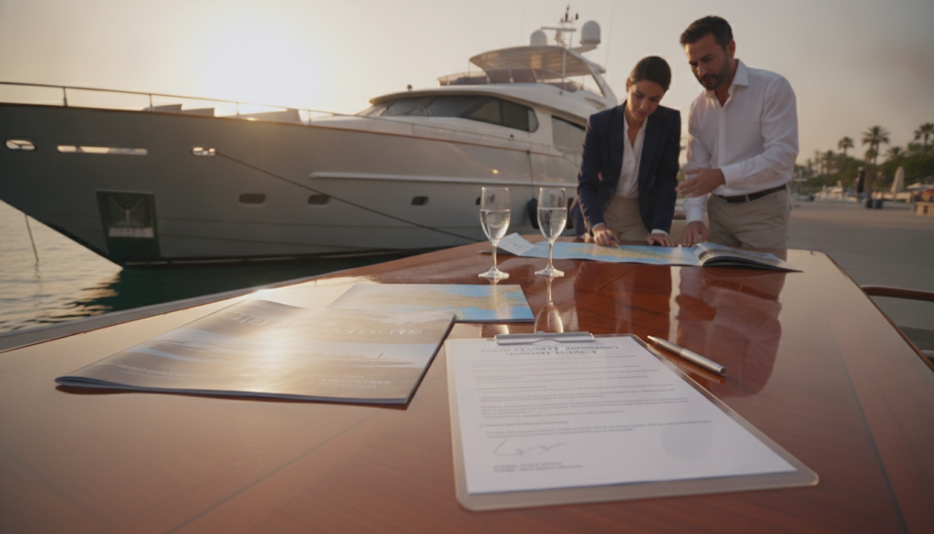 A luxurious yacht anchored in a serene marina, showcasing its sleek design and opulent features. In the foreground, a polished wooden table displays various yacht charter brochures and a transparent insurance policy document, emphasizing the concept of charter insurance. The middle ground features a couple in professional attire examining the brochures, discussing options with a yacht broker. The background reveals the sun setting over gentle waves, creating a warm, inviting atmosphere. Soft, golden lighting enhances the luxury feel, while a slight lens blur focuses attention on the foreground documents and the engaged couple. The image captures the essence of high-end yacht charter costs, conveying sophistication and professionalism in the yacht charter industry.