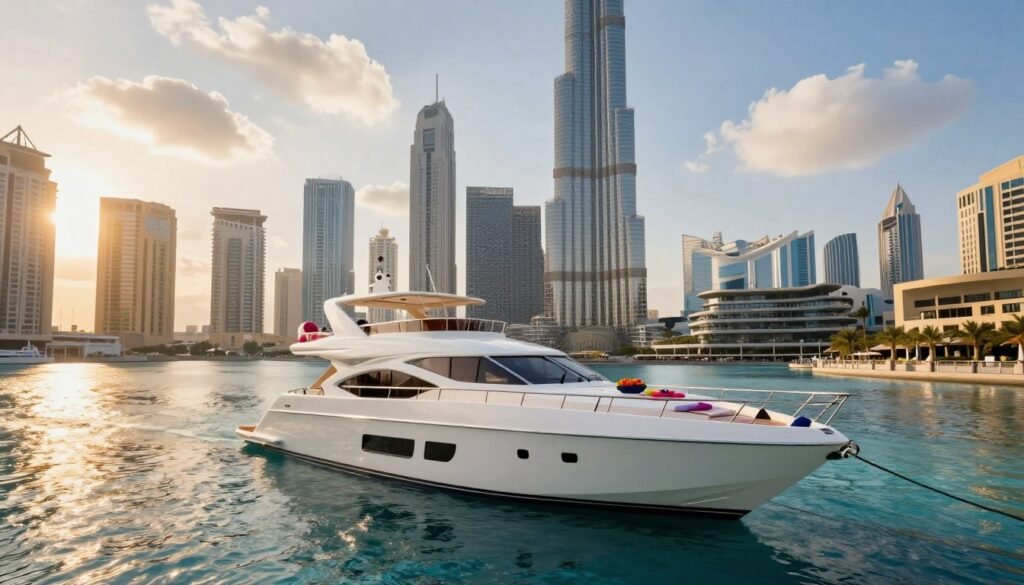 A luxurious yacht anchored in the crystal-clear waters of Dubai's marina, with the stunning skyline of modern skyscrapers in the background, including the iconic Burj Khalifa. In the foreground, a sleek white yacht is elegantly designed, showcasing its spacious deck adorned with comfortable lounge chairs and vibrant decorations, ideal for relaxation. The ambiance is vibrant yet tranquil, with golden sunlight reflecting off the water, creating a warm, inviting atmosphere. Soft, fluffy clouds float in a blue sky, enhancing the serene setting. Capture this scene with a wide-angle lens to emphasize both the yacht's grandeur and the magnificent Dubai skyline behind it, evoking a sense of exclusivity and luxury.