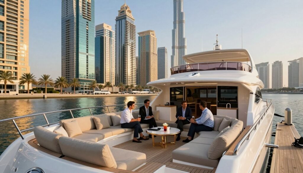 A luxurious yacht docked in the vibrant Dubai Marina, showcasing gleaming white hull and elegant design. In the foreground, a polished teak deck glistens under the warm sun, with plush lounge seating adorned with soft, neutral-toned cushions. A small group of professionals dressed in smart business attire enjoy a relaxed moment, discussing plans while sipping drinks. In the middle ground, the yacht features tasteful fittings and a backdrop of iconic skyscrapers reflecting the azure sky. The background captures a stunning panorama of palm trees lined along the waterfront, with the famous Burj Khalifa in the distance. The scene is bathed in soft golden hour lighting, creating a luxurious and inviting atmosphere, perfect for first-time yacht renters to experience the elegance of Dubai's aquatic lifestyle.