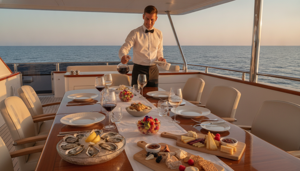 A luxurious yacht setting featuring an elegantly arranged dining table with a variety of gourmet food and beverage options, such as fresh seafood, assorted fruits, artisan cheeses, and fine wines. In the foreground, showcase beautifully plated dishes with intricate garnishes and crystal wine glasses. The middle ground includes a well-dressed waiter serving drinks, radiating professionalism in a crisp white shirt and dark slacks. In the background, the stunning blue ocean and a clear sky add to the relaxed yet upscale atmosphere, with the yacht's sleek design enhancing the luxury feel. Use soft, warm lighting to create an inviting ambiance, capturing the essence of a sumptuous yacht charter experience. The angle should be slightly elevated to encompass both the table setting and the breathtaking seascape, embodying a mood of indulgence and elegance.