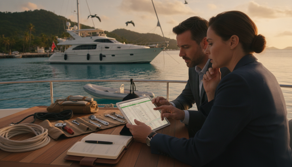 A serene yacht charter scene illustrating the concept of costs and payments for first-time sailors. In the foreground, a professional-looking couple in business attire reviews a detailed chart or spreadsheet on a tablet, concerned but intrigued. The middle ground features a sleek motor yacht anchored in calm turquoise waters, with essential accessories like gear and marine tools subtly shown. In the background, a picturesque harbor with lush greenery and pelicans gliding across the sky conveys tranquility. The lighting is warm and inviting, emphasizing a late afternoon sun casting gentle reflections on the water. The overall mood is hopeful and informative, with a focus on making smart financial decisions for yacht charters.