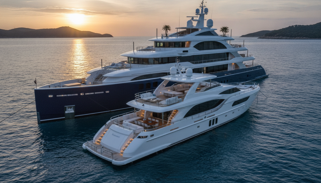 A sleek, luxurious yacht and a magnificent superyacht are anchored side by side in a crystal-clear turquoise bay, showcasing the contrasting sizes and designs. In the foreground, the yacht features a contemporary design with a spacious deck, elegant lounging areas, and plush outdoor seating. The superyacht, towering in the middle ground, boasts distinctive architecture with multiple levels, expansive windows, and a stylish rooftop terrace that hints at exceptional customization options. In the background, a vibrant sunset casts a warm, golden glow over the water, enhancing the opulence of the scene. The lighting highlights the gleaming hulls of both vessels, while softly reflected waves add a serene atmosphere. The angle captures the grandeur of the yachts against the picturesque seascape, emphasizing their luxurious presence.