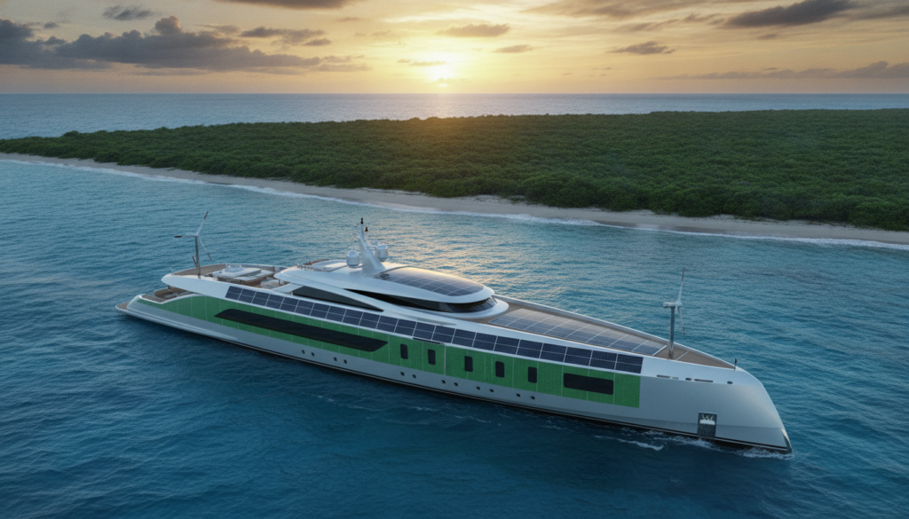 A sleek, state-of-the-art superyacht designed for sustainability glides through crystal-clear turquoise waters. In the foreground, the yacht showcases solar panels integrated into its modern, aerodynamic design. The middle ground features lush, green landscapes of an untouched coastline, with gentle waves lapping at the shore. The background is a radiant sunset, casting warm golden hues across the sky and reflecting on the water, creating a tranquil and inviting atmosphere. Soft, diffused lighting enhances the yacht's eco-friendly features, such as its wind turbines and electric propulsion system. The scene embodies innovation and harmony with nature, epitomizing the future of luxury yachting.