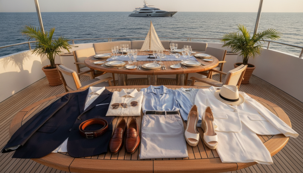 A sophisticated scene depicting luxury yacht etiquette dress code guidelines. In the foreground, elegantly arranged clothing items showcasing business casual attire: tailored blazers, crisp button-up shirts, and smart trousers, along with accessories like belts and polished shoes. The middle ground features a stylishly set dining table on a yacht’s deck, adorned with tasteful tableware and a nautical-themed centerpiece, reflecting an upscale atmosphere. In the background, the azure sea under a clear blue sky, with the yacht's sleek silhouette against the horizon. Soft, warm lighting enhances the serene mood, creating a sense of exclusivity and leisure. The camera angle is slightly elevated, capturing both the clothing and the luxurious setting, inviting viewers into a world of refined yacht charter dress code.