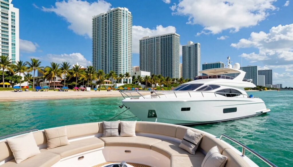 A stunning luxury yacht anchored in the turquoise waters of Miami, showcasing its sleek design and elegant lines. In the foreground, the yacht features plush seating areas adorned with tasteful cushions, with a polished deck reflecting the sunlight. In the middle ground, vibrant Miami Beach can be seen, with palm trees swaying gently in the breeze and colorful beach umbrellas dotting the sandy shore. The background captures a clear blue sky with fluffy white clouds, and iconic Miami skyscrapers rising majestically. The lighting is bright and sunny, evoking a cheerful and inviting atmosphere. The angle is slightly elevated, offering a panoramic view that emphasizes the yacht's grandeur and the beauty of the Miami coast.