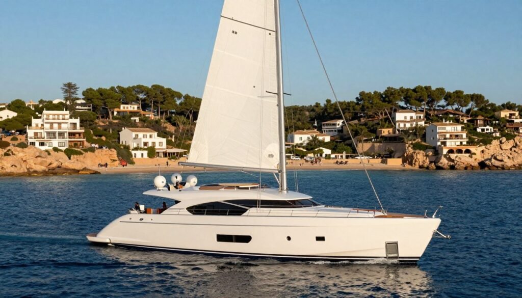 A stunning luxury yacht gliding through the crystalline waters of Ibiza, showcasing sleek, modern design with expansive decks and bright white sails unfurled. In the foreground, the yacht is anchored elegantly, with polished wood details and plush outdoor seating areas, inviting relaxation. In the middle ground, the vibrant coastline of Ibiza boasts soft sandy beaches and lush greenery, punctuated by charming Mediterranean villas. The background reveals a clear blue sky, enhancing the serene atmosphere. The scene is bathed in golden hour lighting, casting soft, warm glows on the yacht and surrounding scenery. The overall mood conveys opulence and tranquility, ideal for a sophisticated yacht charter experience in the Mediterranean.